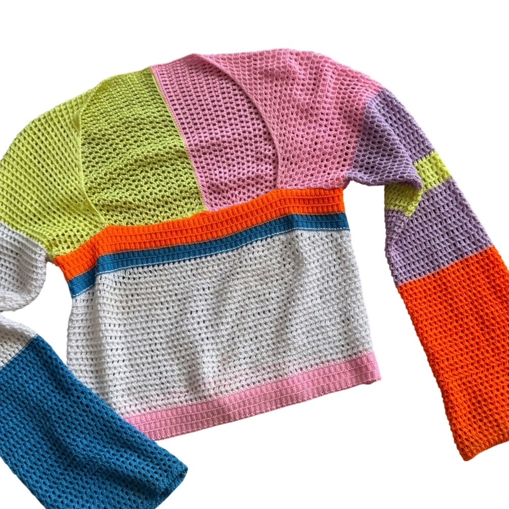 Crochet Mesh Sweater Women S Multi Colorblock Patchwork Festival Boho Y2K beach